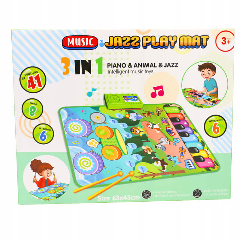 Музикално килимче за игра за бебе Raya Toys Jazz 3в1, Пиано с животни и барабани