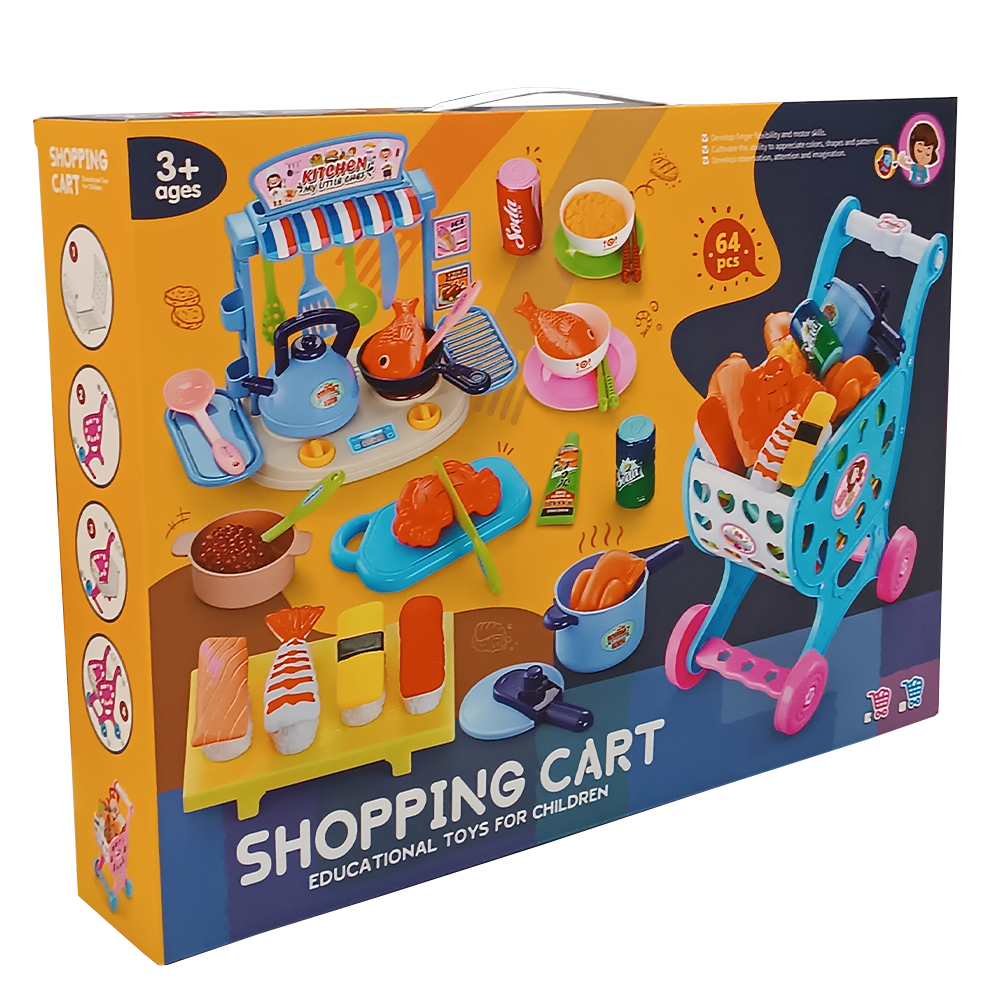 Детска пазарска количка с мини кухня Raya Toys с аксесоари, 64 части