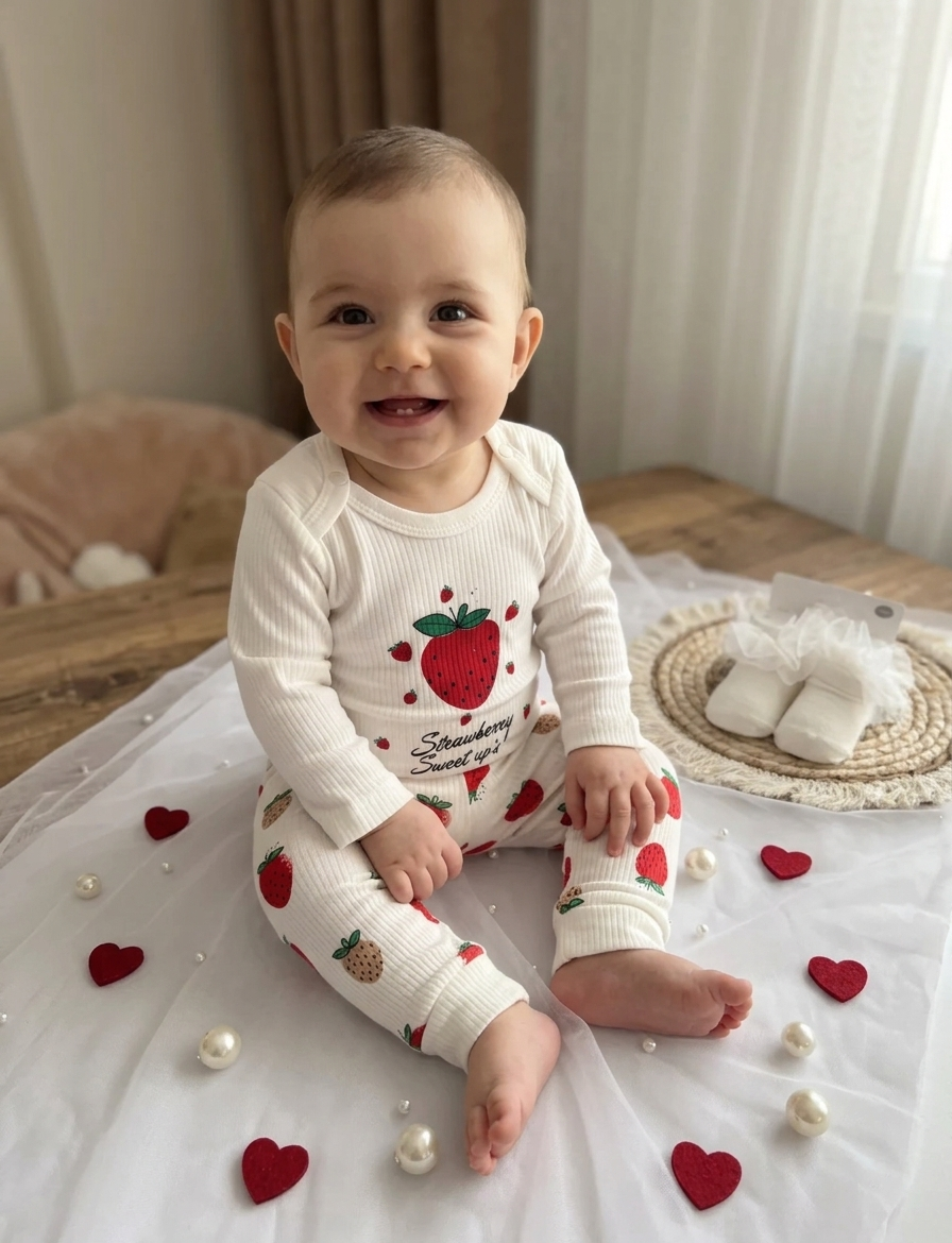Бебешки комплект 2 части "Strawberry Sweet" – Бял рипс с акцент ягодка